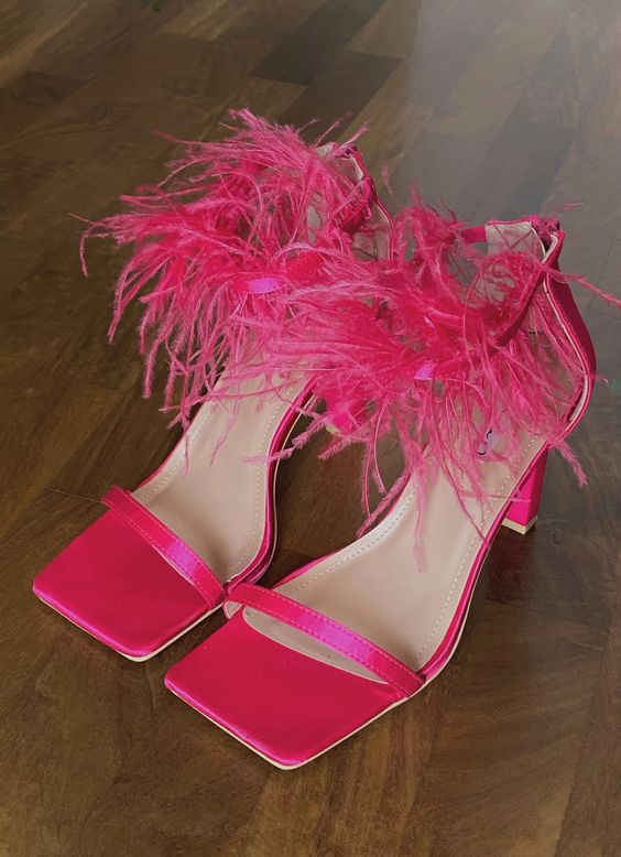 hot pink square toe wedding shoes with feather ankle straps are amazing for a touch of color and whimsy