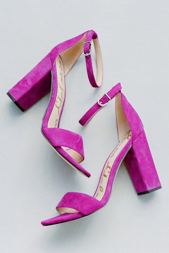 hot pink suede wedding shoes with block heels and ankle straps are minimalist in design but bold and catchy due to their color