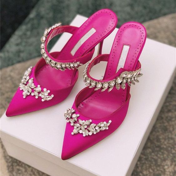hot pink wedding mules with embellishments and embellished straps are fabulous for a wedding