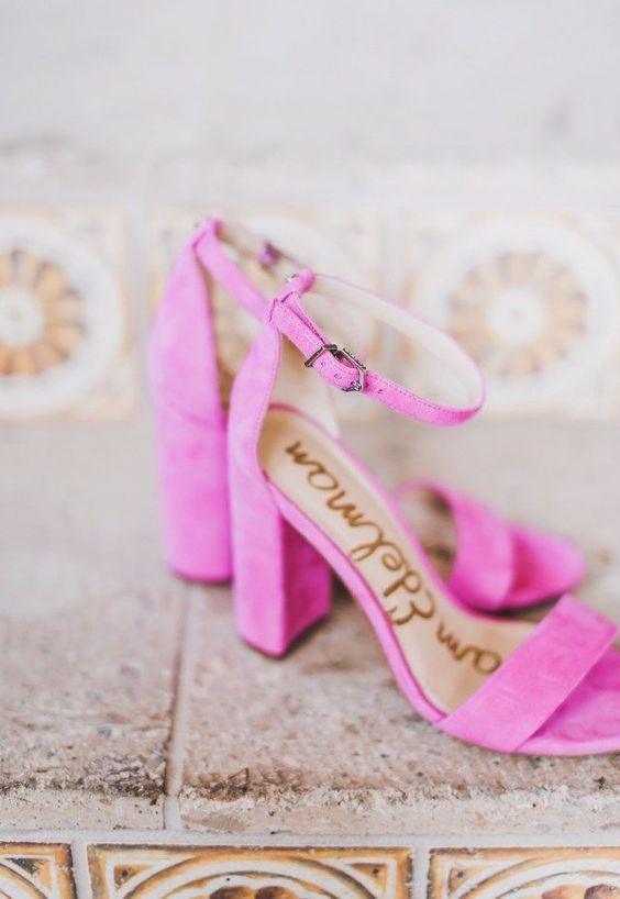 hot pink wedding shoes with ankle straps and block heels are comfortable in wearing and look gorgeous