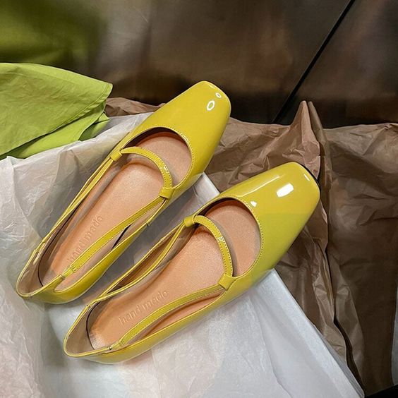 lacquer neon yellow square toe Mary Jane shoes are a bold solution for spring and summer