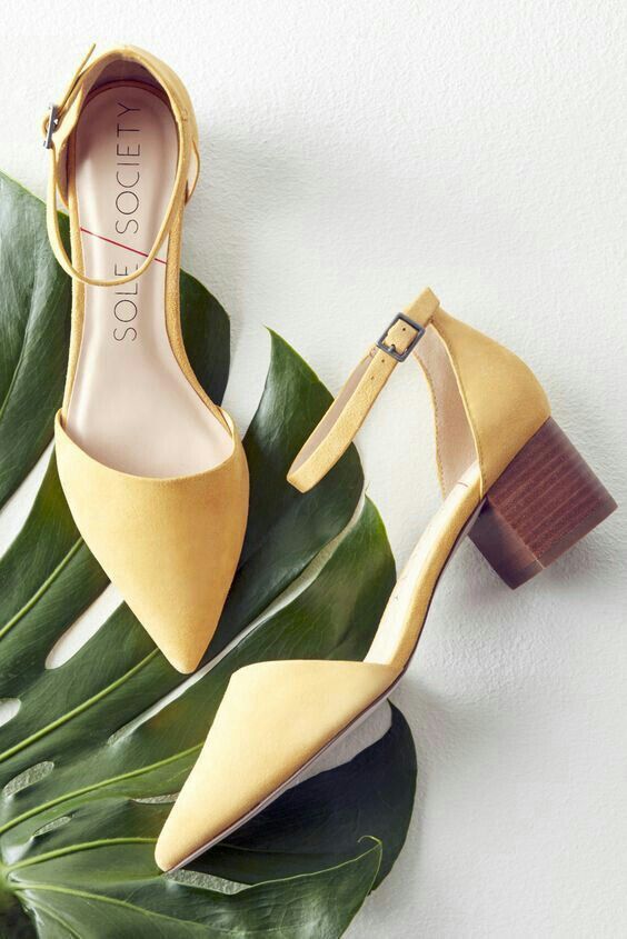minimalist pale yellow suede shoes with ankle straps and block heels will be a bold and comfortable solution for a wedding