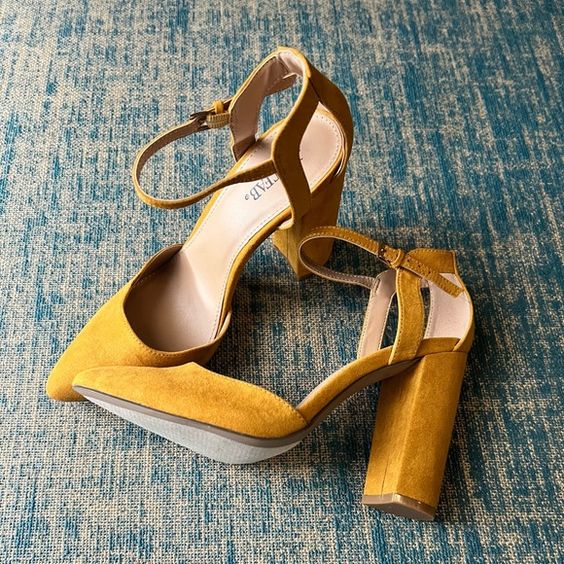 mustard suede shoes with high block heels and ankle straps are a perfect solution for a bold summer or fall wedding