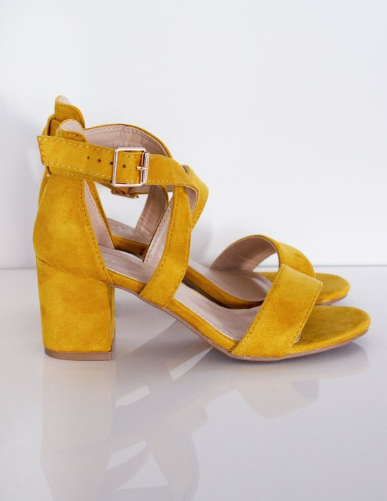 mustard suede wedding shoes with block heels and criss cross straps will be great for a boho wedding