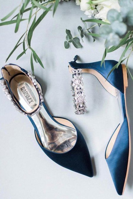 navy wedding flats with embellished ankle straps are a super chic and glam addition