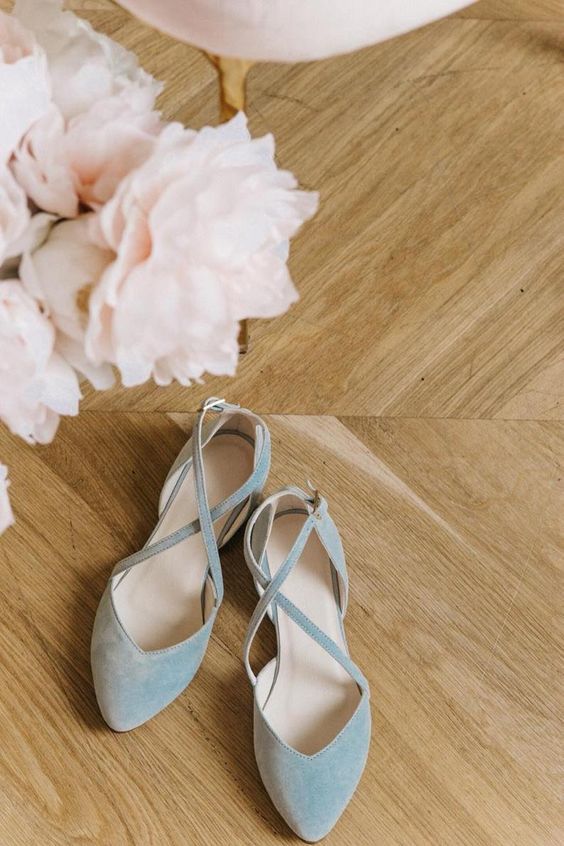 pale blue suede wedding flats with criss cross straps are amazing for a spring bridal look