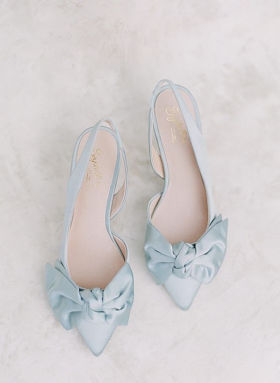 pastel blue flat slingbacks with bows will be a trendy and chic idea for a spring or summer wedding