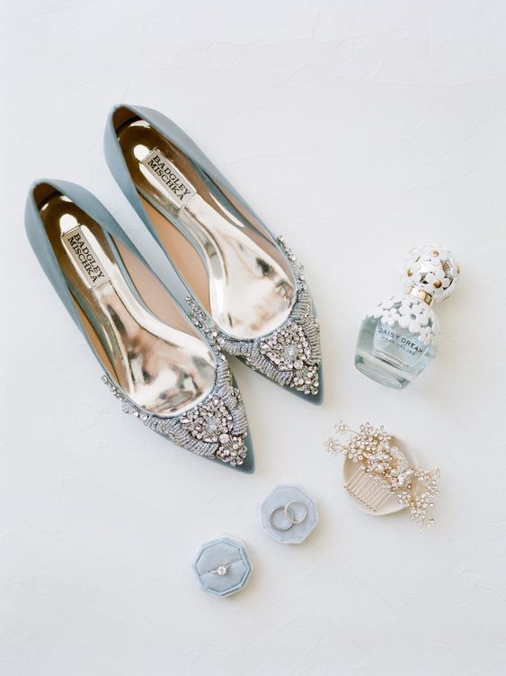 pastel blue shoes with embellished tops will be a gorgeous addition to many bridal looks