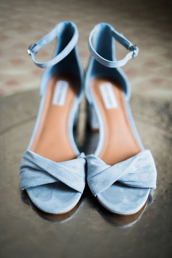 pastel blue wedding flats with twisted tops and ankle straps are a lovely idea for many bridal looks