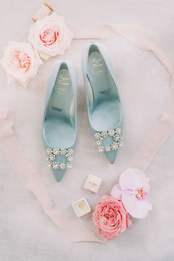 pastel blue wedding shoes with embellishments are gorgeous for a glam bridal look, especially in spring or summer