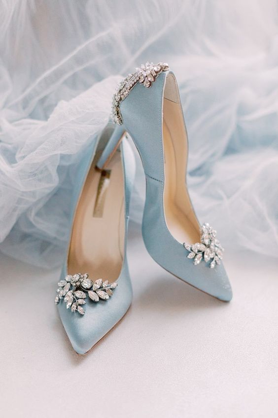 pastel blue wedding shoes with high heels and heavy embellishments are fantastic for spring and summer