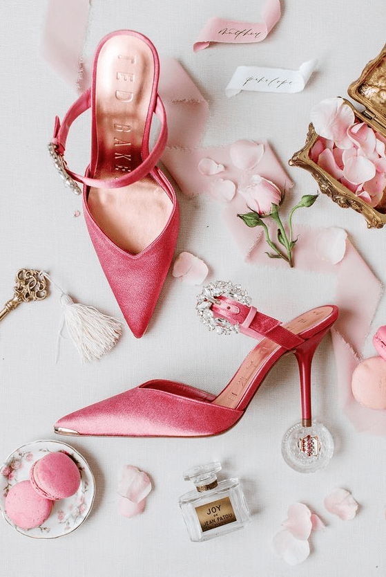 pink pointed toe wedding shoes with straps and embellished buckles are amazing for spring and summer
