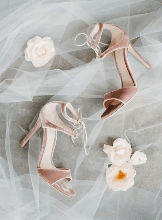 pink velvet lace up heels look very chic, trendy and finish off your bridal look with a girlish touch