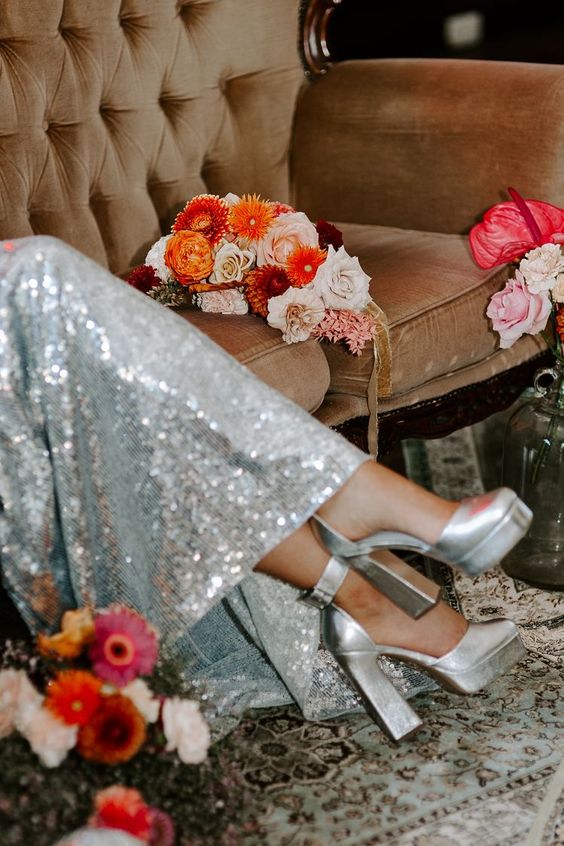 platform silver wedding shoes with high heels are a super glam and catchy solution for a wedding, they add interest and look nice with a silver dress