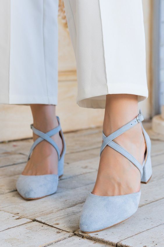 pretty pastel blue wedding shoes with comfy block heels and criss cross straps are amazing for a modern wedding