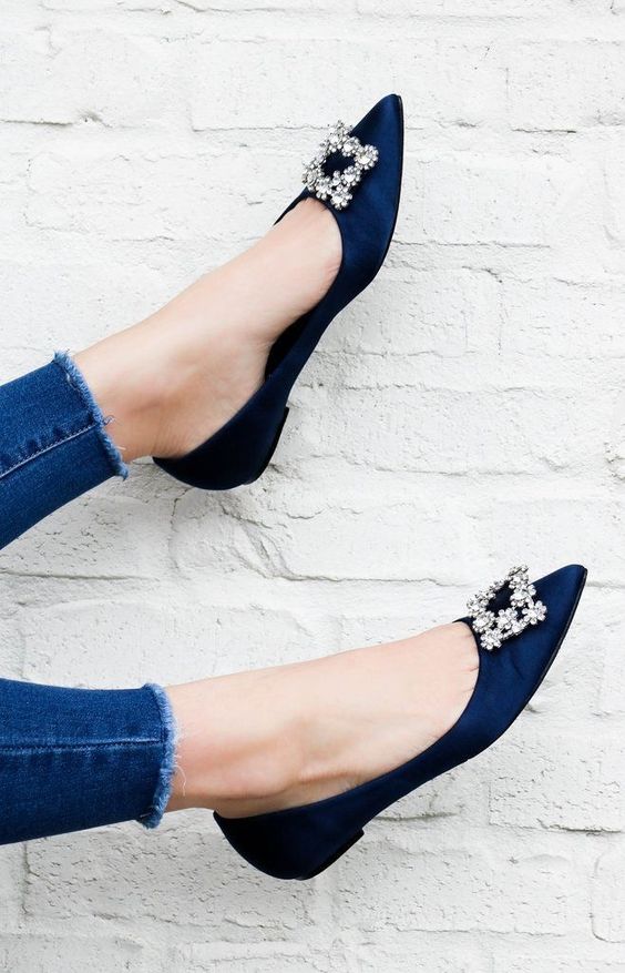 refined navy flats with heavy embellishments will be a gorgeous  idea for spring and winter
