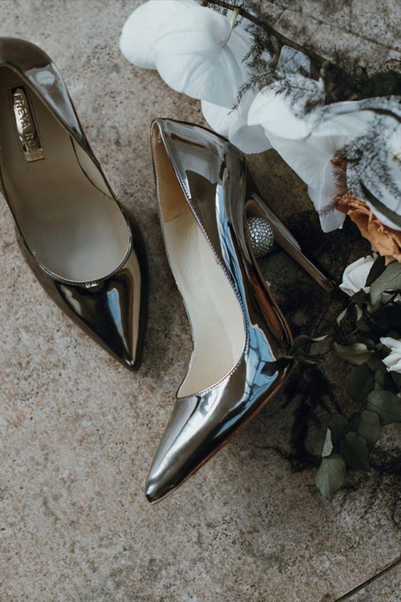 shiny silver pointed toe wedding shoes with high heels are an edgy and sexy solution for any bridal look