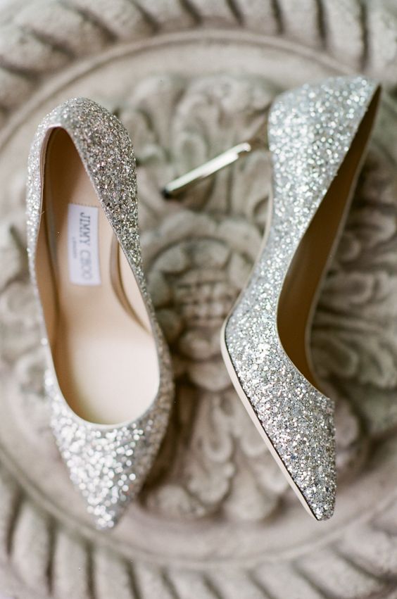 silver glitter wedding shoes with high  heels are a glam solution that works for any wedding look