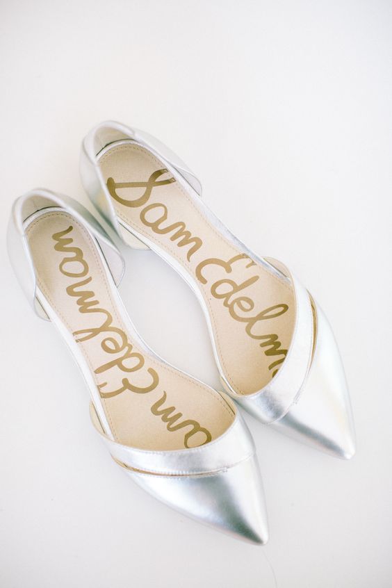 silver wedding flats with pointed toes are a super glam and chic solution for a wedding