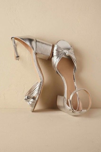 silver wedding shoes with draped tops and block heels are amazing for a trendy and bold wedding outfit