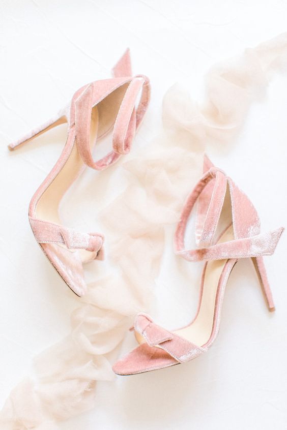 subtle blush velvet wedding shoes with knots, ankle straps and high heels are amazing for a spring wedding