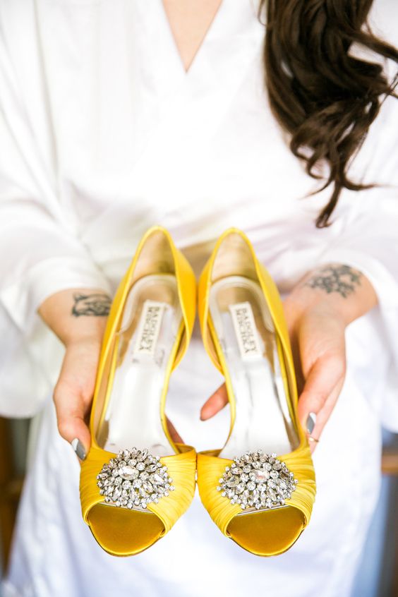 vintage-inspired yellow wedding shoes with peep toes and large embellishments are fantastic for spring and summer