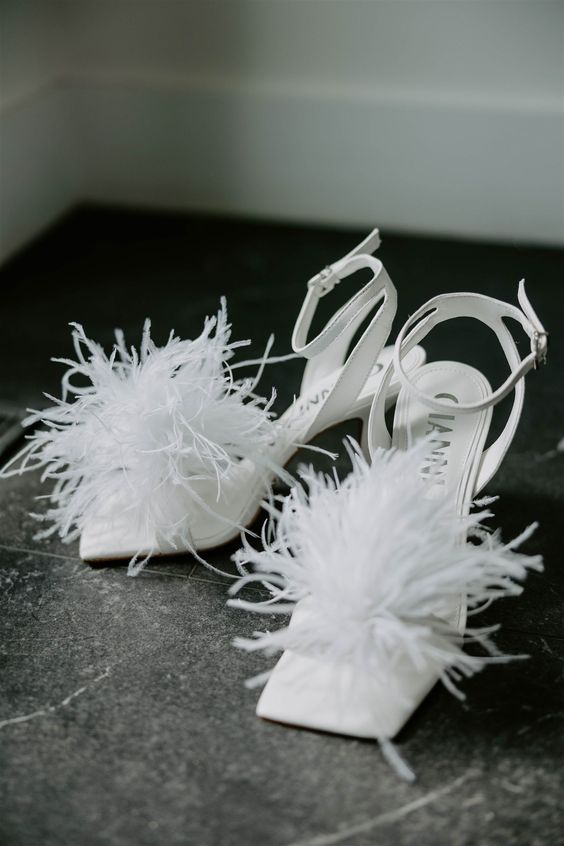 white square toe wedding slingbacks with feathers are adorable for a playful and fun bridal look