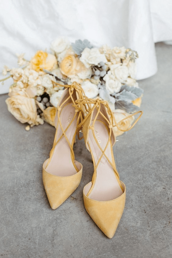 yellow lace up wedding shoes are amazing for spring and summer, they will add a touch of color