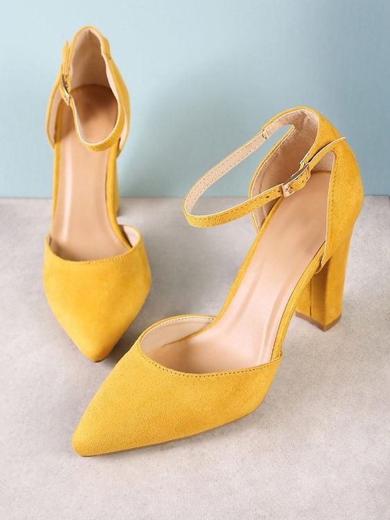 yellow pointed toe shoes with ankle straps and comfy heels are great for spring, summer and fall