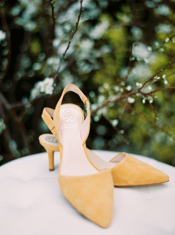 yellow suede slingbacks are a cool idea for spring, summer and fall weddings, they will work for many bridal looks