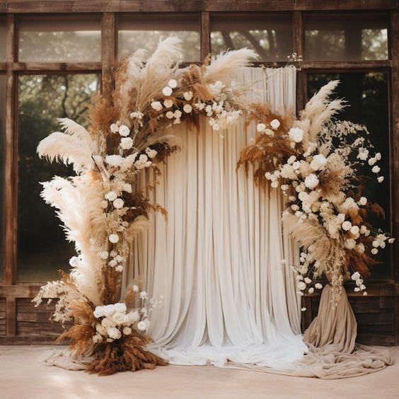 a boho wedding arch with pampas grass, white blooms and some rust-colored grasses is great for spring and summer