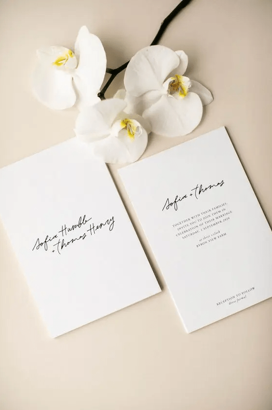 a chic and romantic minimalist wedding invitation suite with black calligraphy and lettering is a lovely idea for your minimal wedding