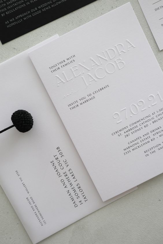a chic modern white wedding invitation suite with letter pressing and black printing is a cool idea for a modern or minimalist wedding