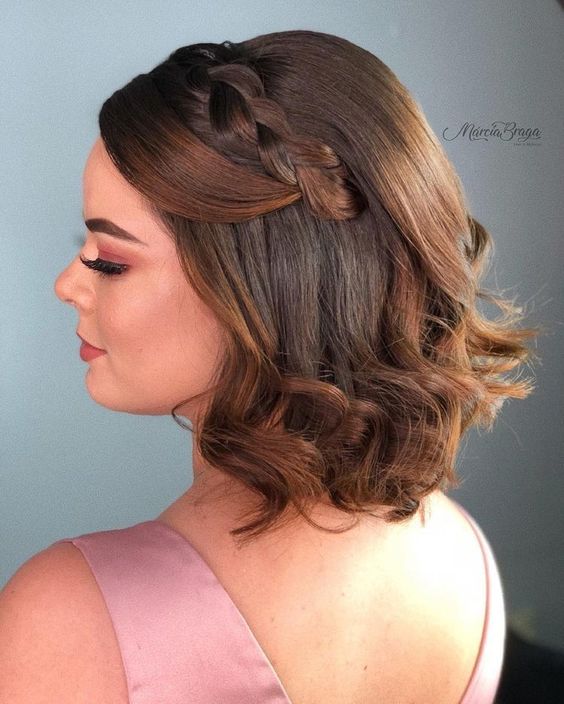a creative half updo with secured side bangs, a braid on top and a bump plus some curls down is great for short to medium hair