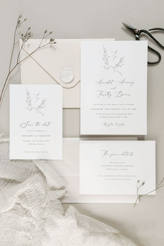 a delicate white wedding invitation suite with black calligraphy and painted branches is a lovely idea for spring or summer