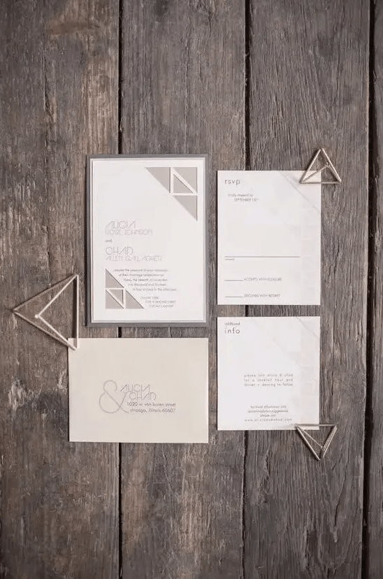 a modern grey geometric wedding stationery suite with simple letters for those who love simplicty and timeless look