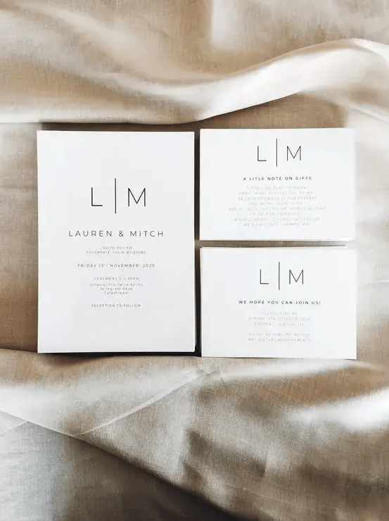 A modern to minimalist wedding invitation suite in white, with black lettering and nothing else   who needs more than that