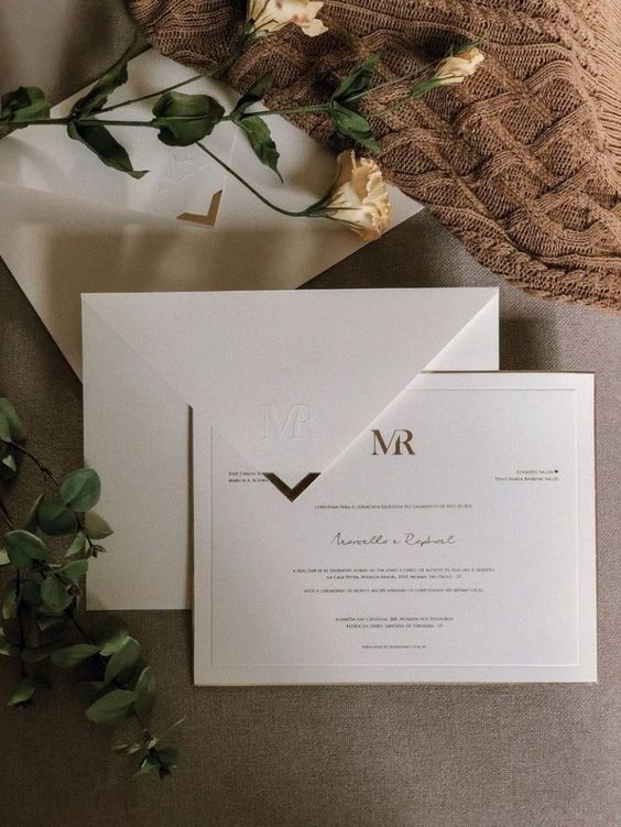 a modern wedding invitation suite in white, with gold lettering and stylish gold corner accents is a chic and catchy idea