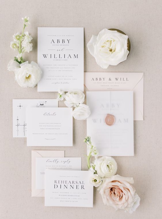 a simple and stylish white wedding invitation suite with black letters and some calligraphy is a cool idea for spring and summer