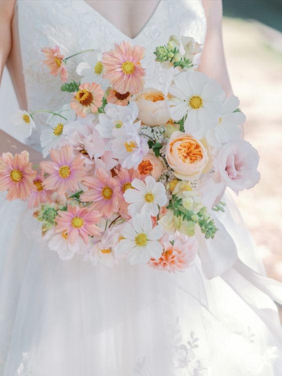 a summer wedding bouquet of white and pink cosmos, peony roses and some dahlias is a cool and catchy solution