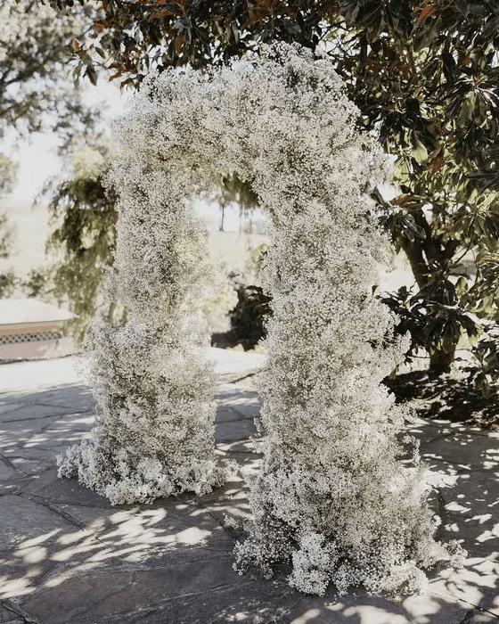 a super lush and refined white baby’s breath wedding arch is a timeless and ultimately elegant solution for a wedding