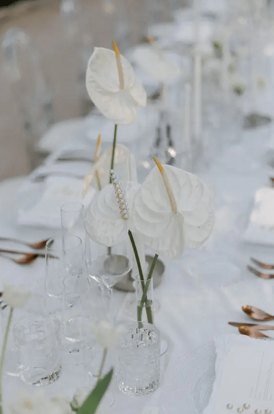 a unique and exquisite wedding centerpiece of white anthuriums decorated with pearls is chic