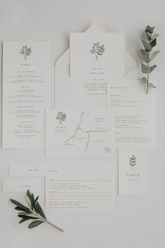a white wedding invitation suite with black letters, some prints and a drawn map is a cool idea for a modern neutral wedding