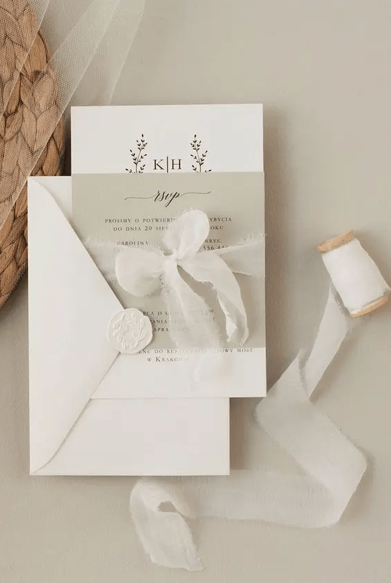 an ethereal neutral wedding invitation in white, light green, wih black lettering and botanical prints is a chic idea