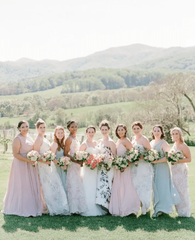 lovely pastel maxi bridesmaid dresses, plain and floral ones, are amazing for a spring or summer wedding