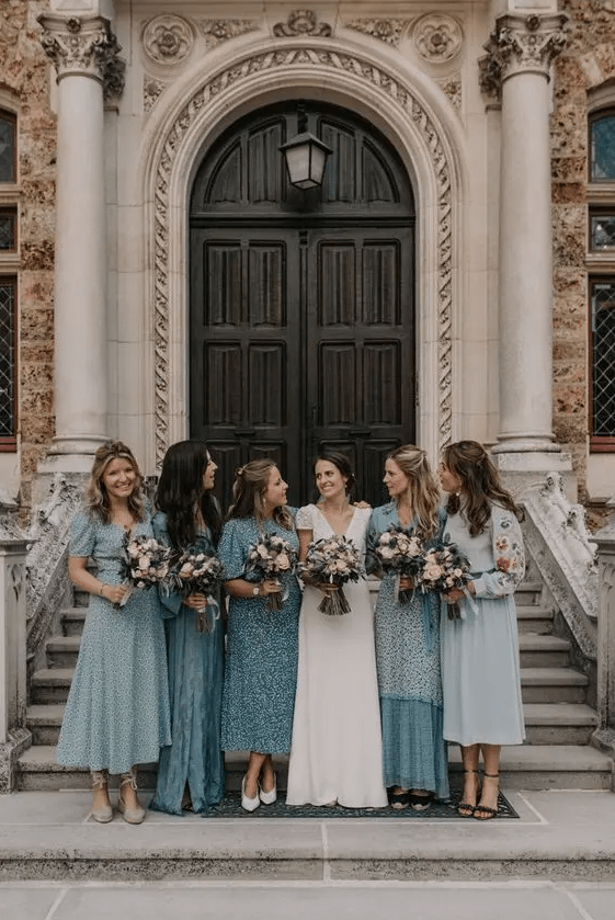 mix and match pale blue and just blue midi and maxi polka dot bridesmaid dresses for a blue-infused wedding