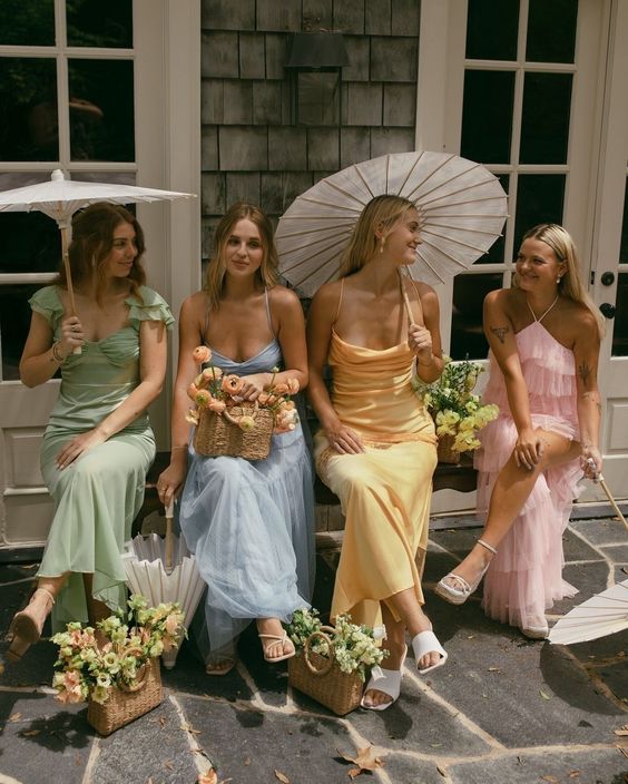 mix and match pastel maxi bridesmaid dresses in green, blue, yellow and pink are alway sa good idea for spring