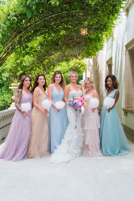 pastel and candy-colored maxi bridesmaid dresses for a romantic spring or summer wedding