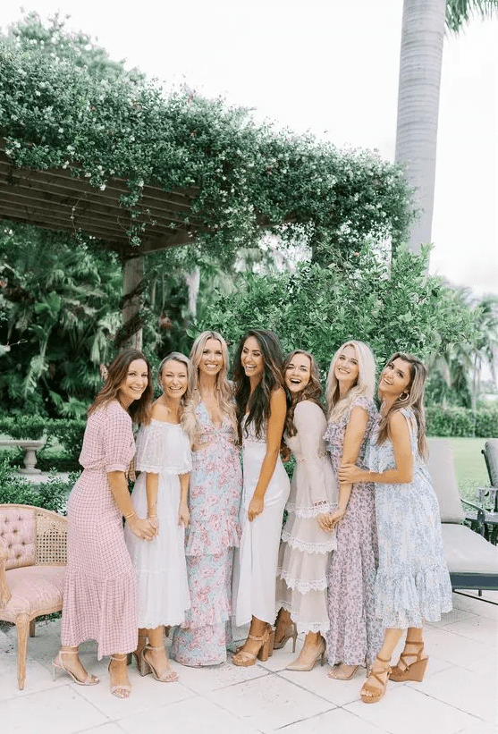 pretty pastel midi and maxi bridesmaid dresses, plain and floral printed ones, with mismatching shoes for a spring wedding