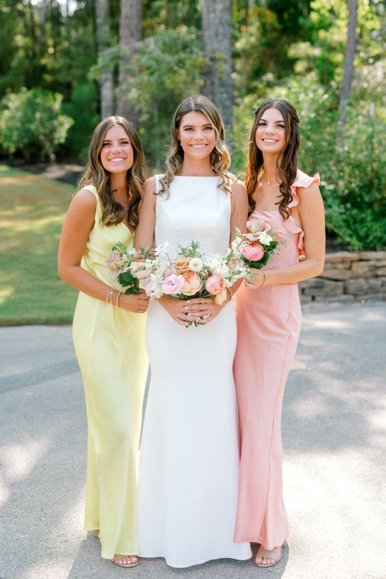 stylish mismatching pastel maxi bridesmaid dresses and nude shoes are a cool solution for spring and summer weddings